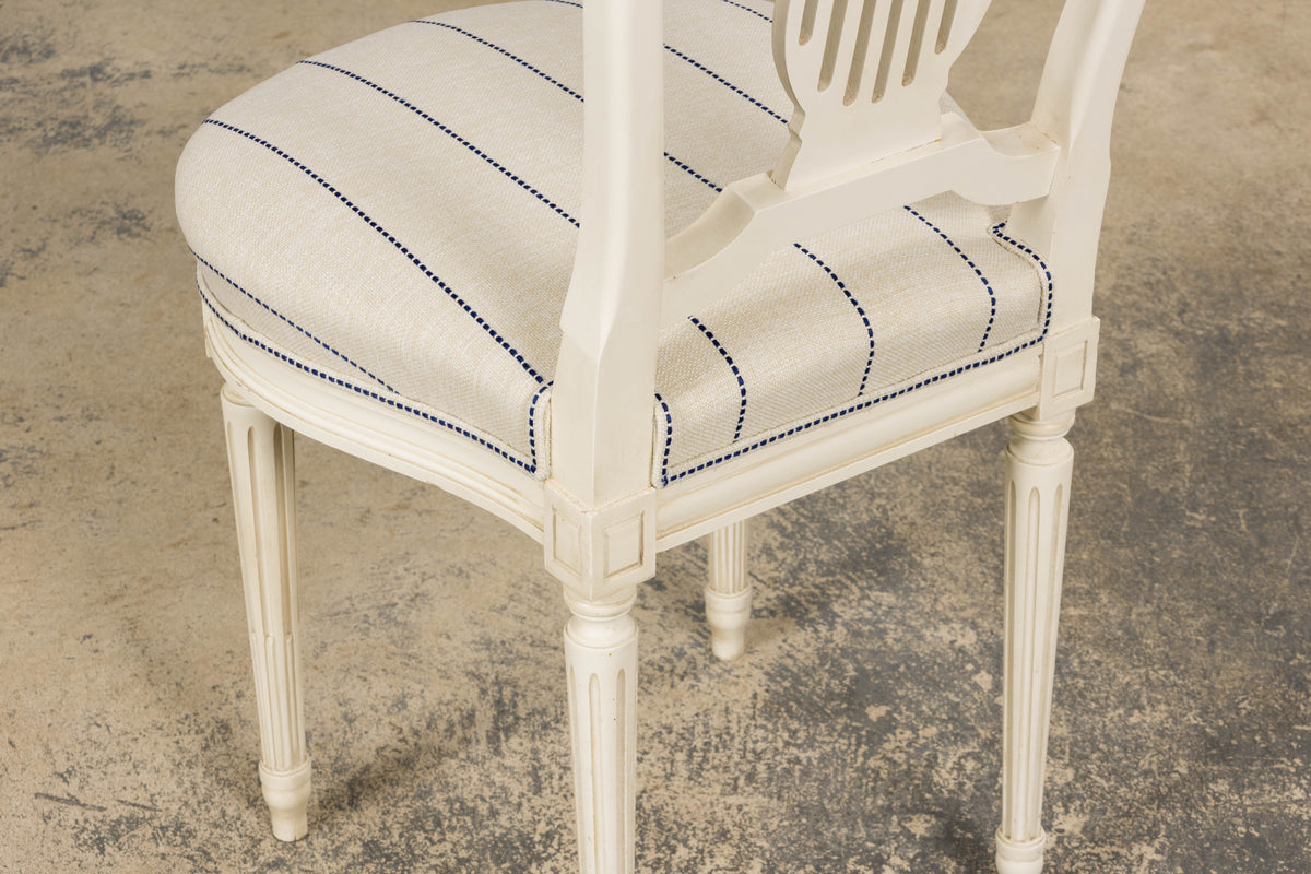 Pair of French Louis XVI Neoclassical Style Painted Lyre Back Accent Chairs in Blue Stripe