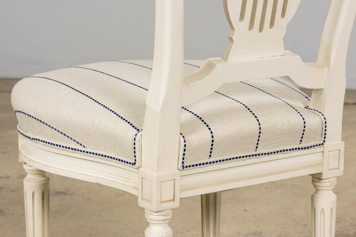 Pair of French Louis XVI Neoclassical Style Painted Lyre Back Accent Chairs in Blue Stripe
