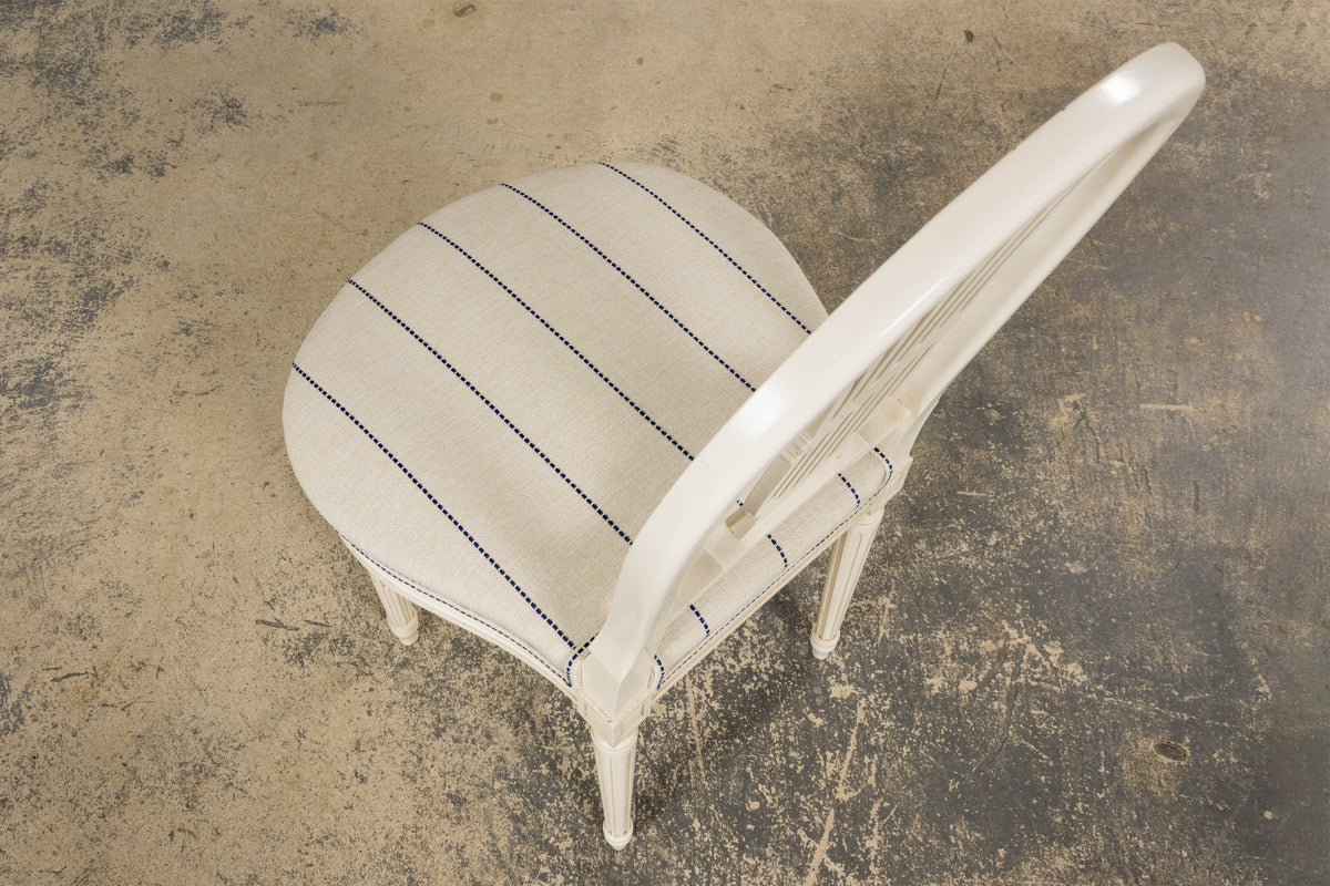 Pair of French Louis XVI Neoclassical Style Painted Lyre Back Accent Chairs in Blue Stripe