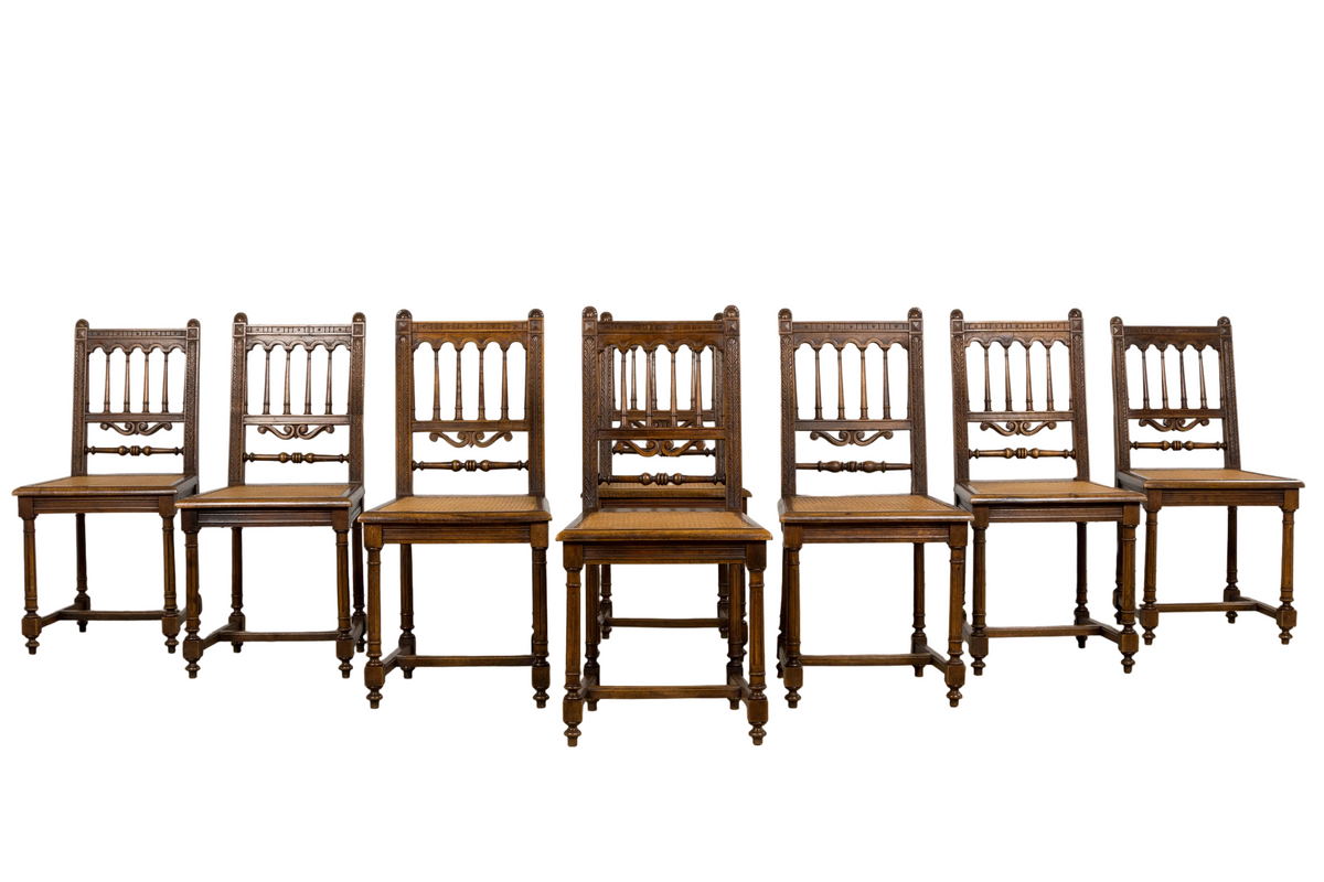 19th Century French Louis XIII Style Walnut and Cane Dining Chairs - Set of 8
