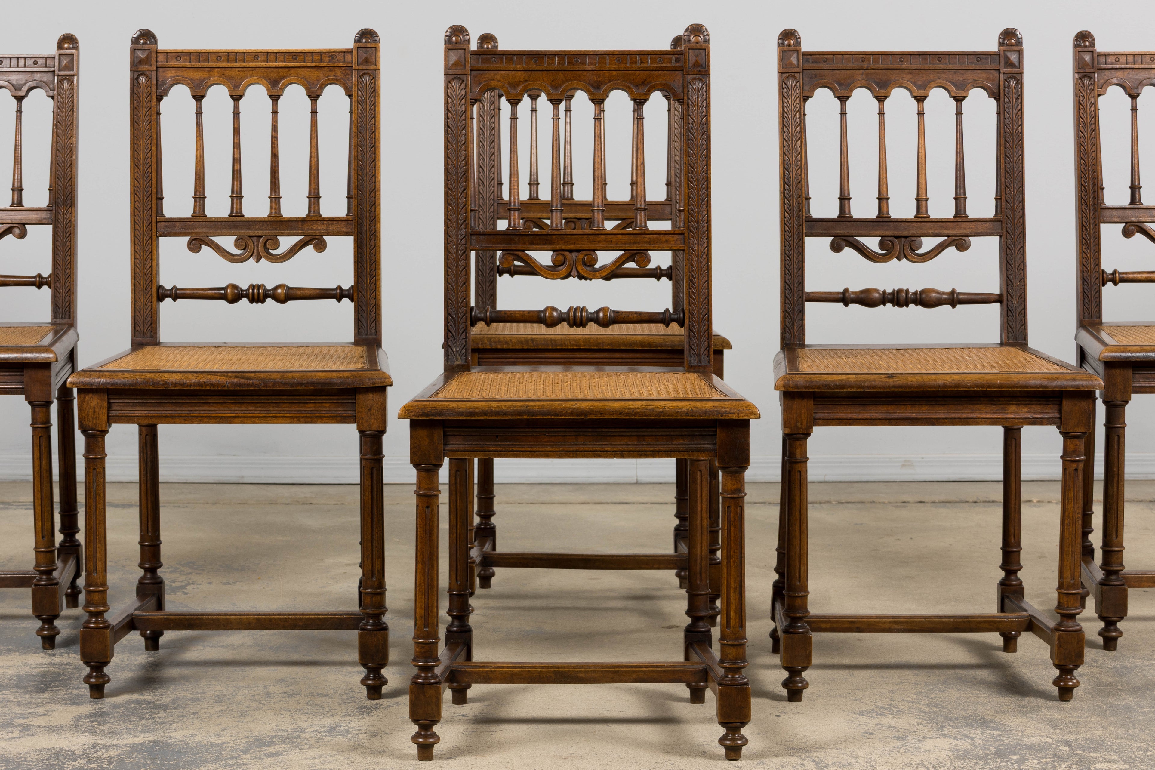 19th Century French Louis XIII Style Walnut and Cane Dining Chairs - Set of 8