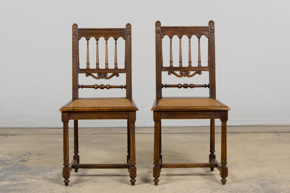 19th Century French Louis XIII Style Walnut and Cane Dining Chairs - Set of 8