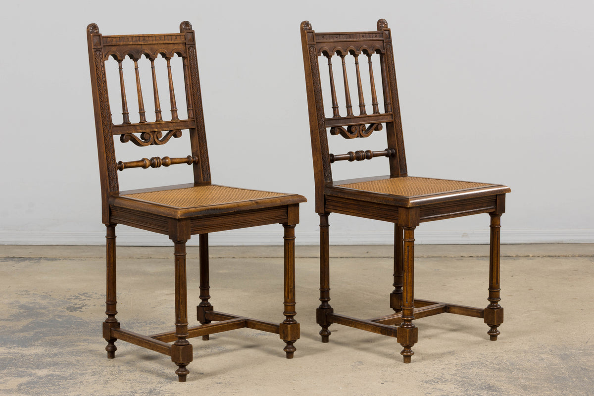 19th Century French Louis XIII Style Walnut and Cane Dining Chairs - Set of 8
