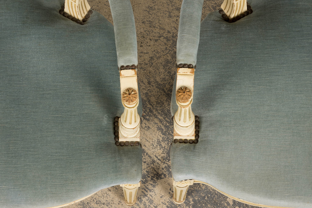 A Pair of Antique French Louis XVI Style Painted Armchairs In Blue Velvet