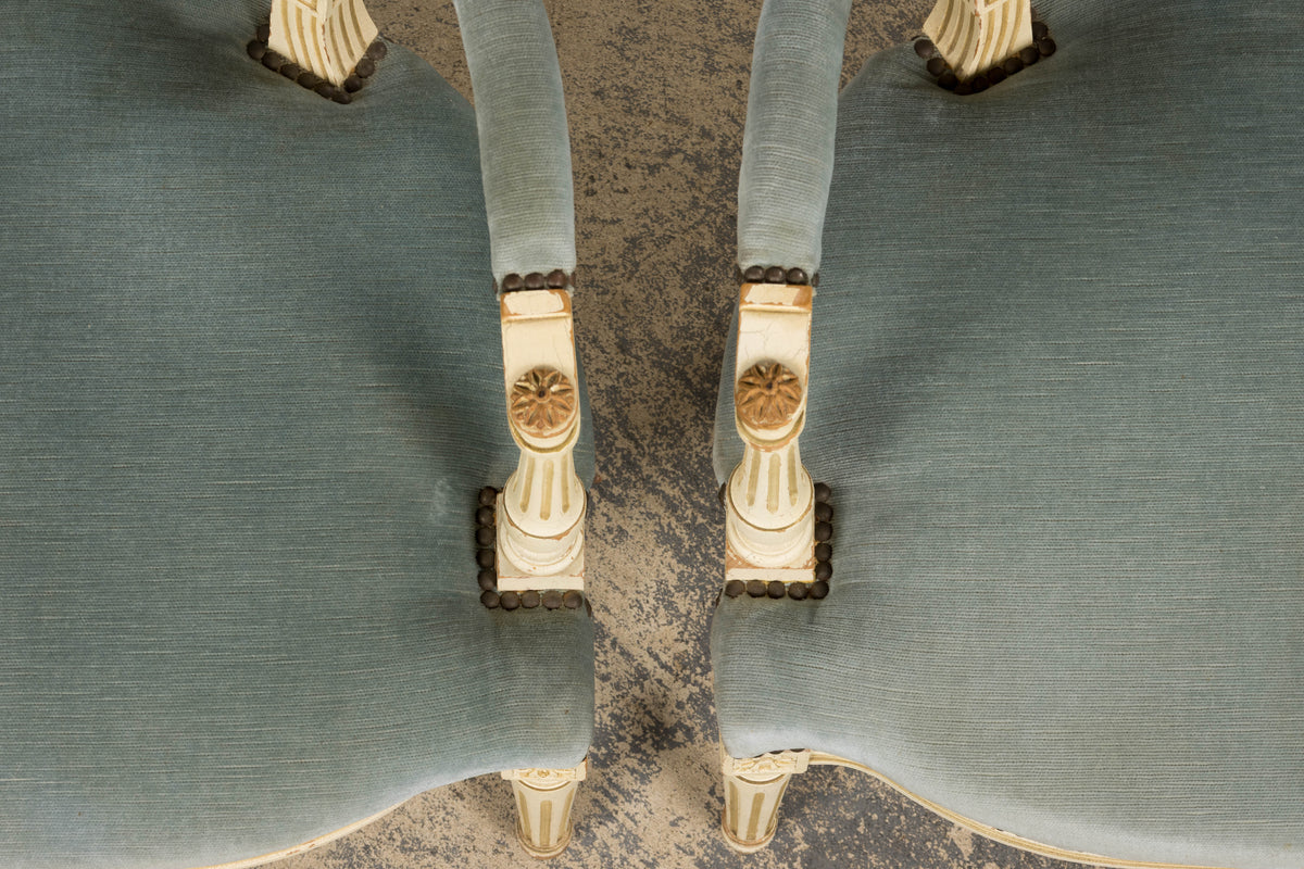A Pair of Antique French Louis XVI Style Painted Armchairs In Blue Velvet