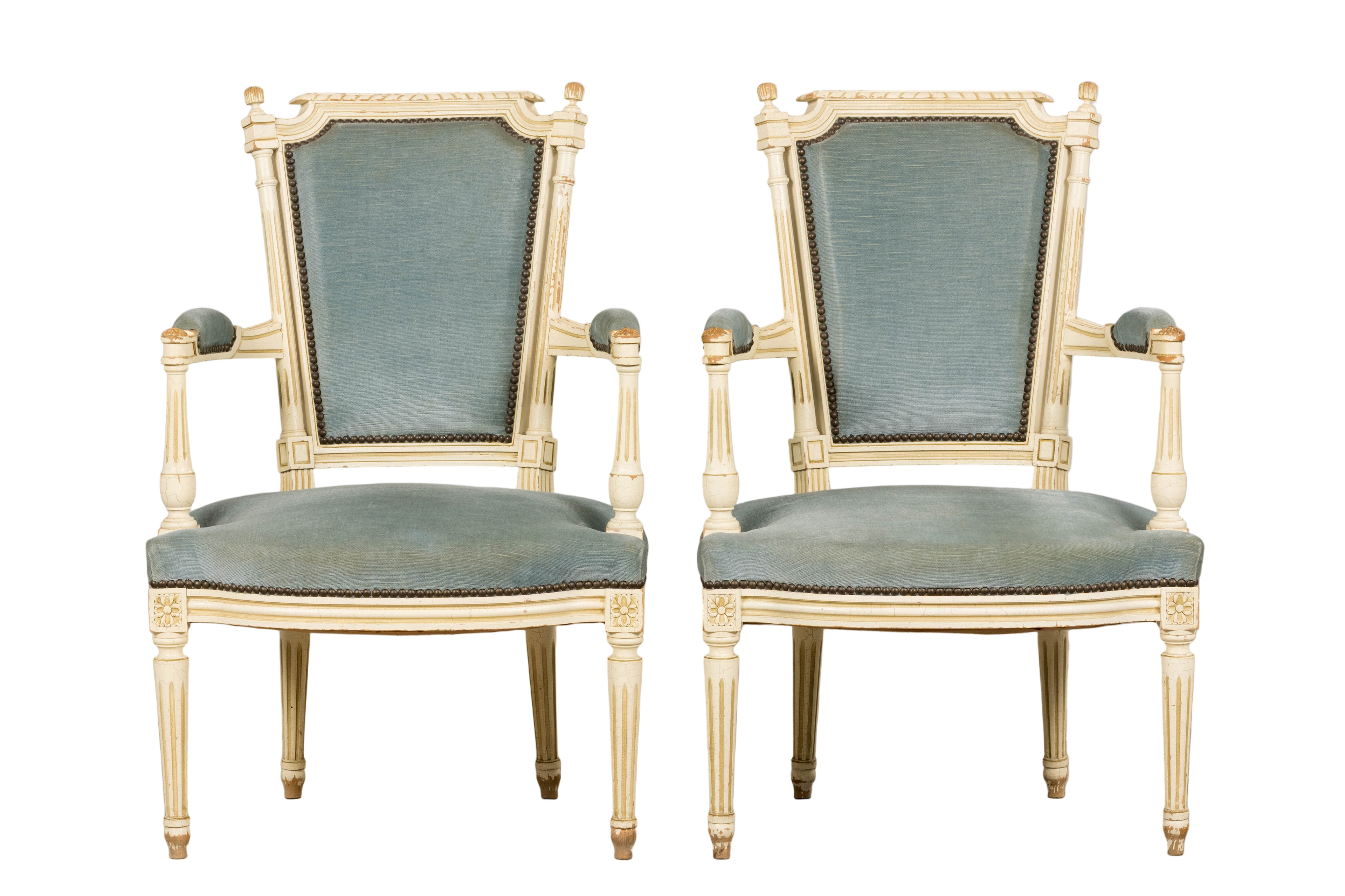 A Pair of Antique French Louis XVI Style Painted Armchairs In Blue Velvet