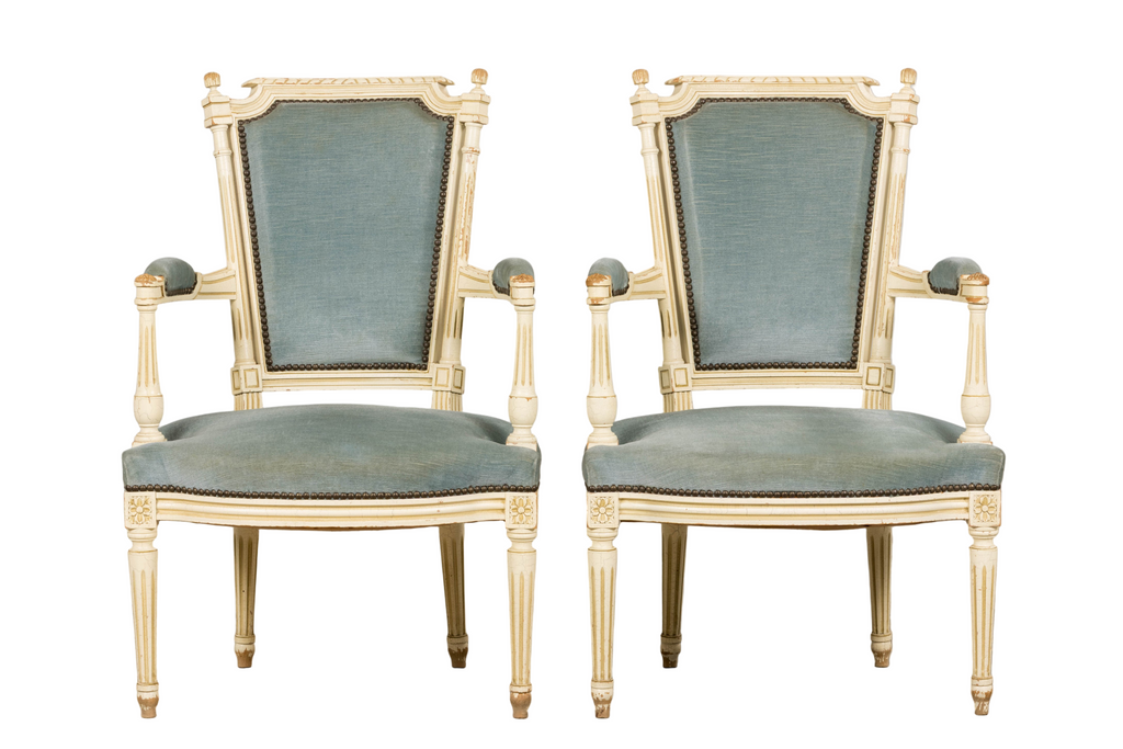 A Pair of Antique French Louis XVI Style Painted Armchairs In Blue Velvet