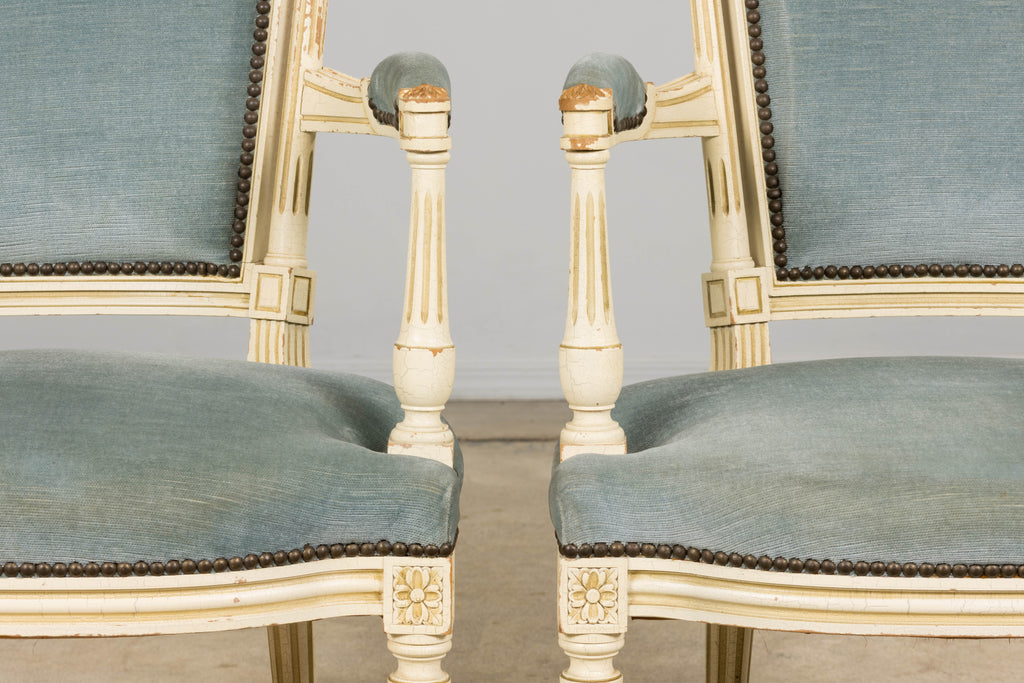 A Pair of Antique French Louis XVI Style Painted Armchairs In Blue Velvet