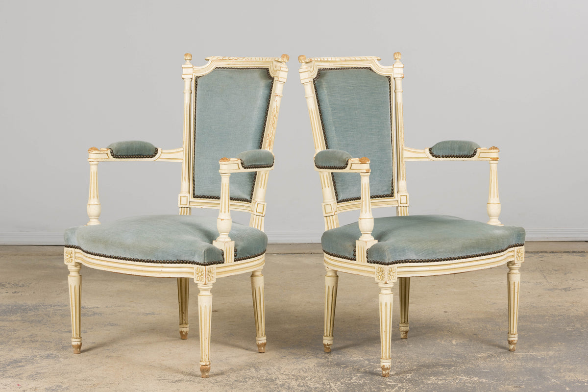 A Pair of Antique French Louis XVI Style Painted Armchairs In Blue Velvet