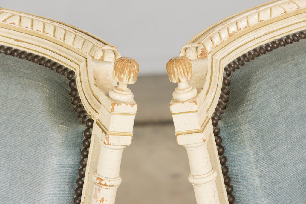 A Pair of Antique French Louis XVI Style Painted Armchairs In Blue Velvet