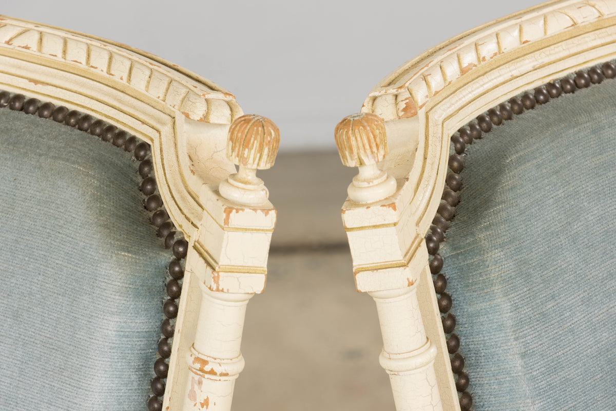 A Pair of Antique French Louis XVI Style Painted Armchairs In Blue Velvet