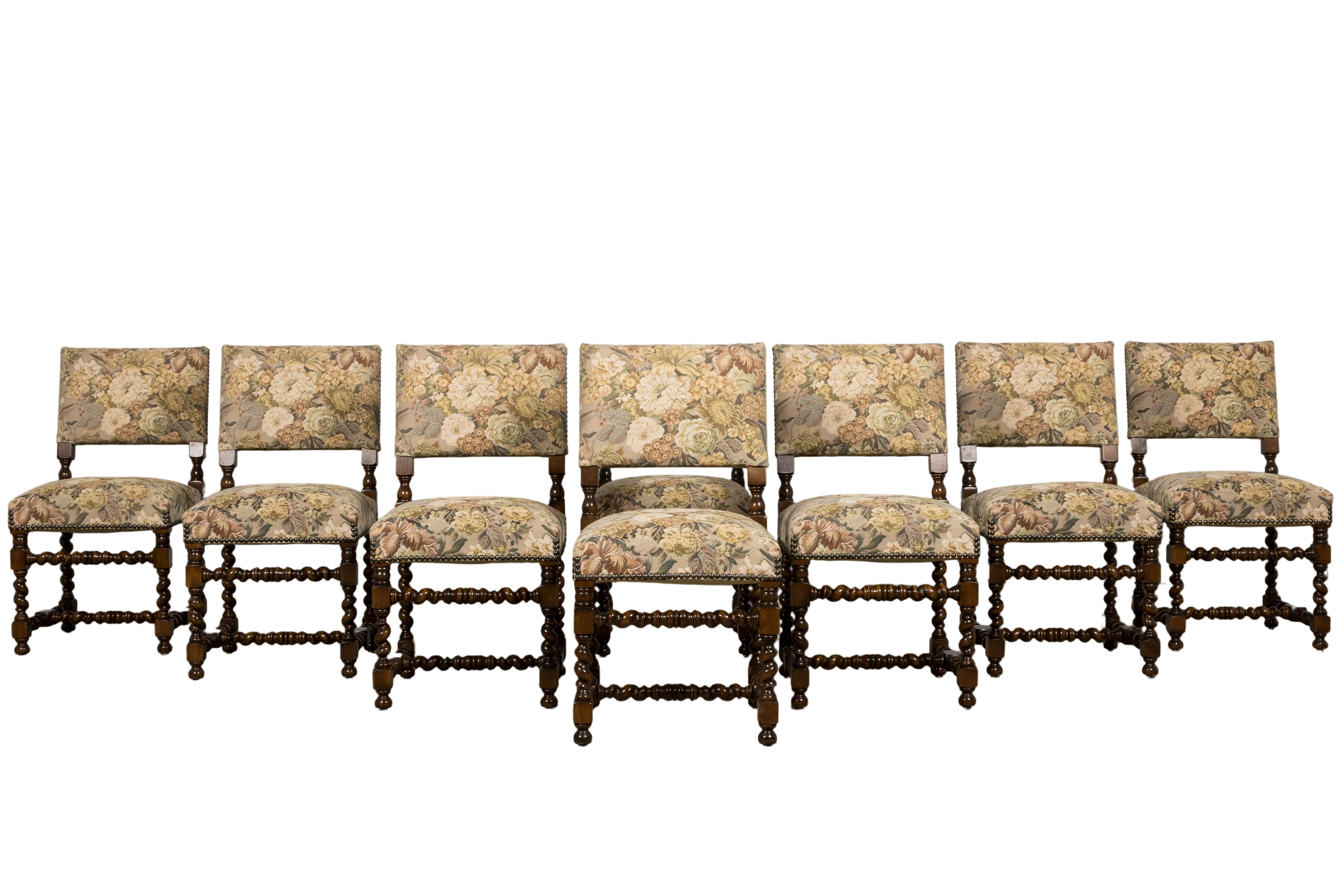 ON HOLD French Louis XIII Style Oak Barley Twist Dining Chairs W/ Floral Tapestry - Set of 8