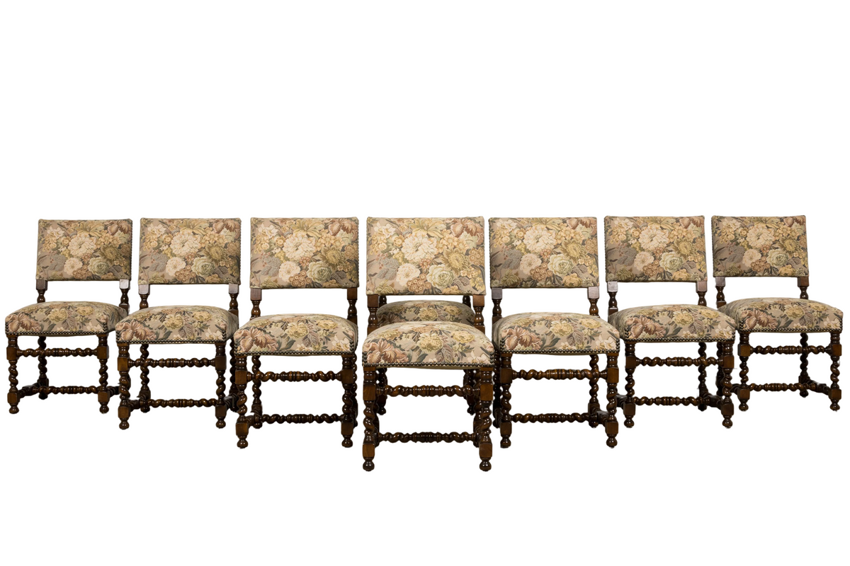 French Louis XIII Style Oak Barley Twist Dining Chairs W/ Floral Tapestry - Set of 8