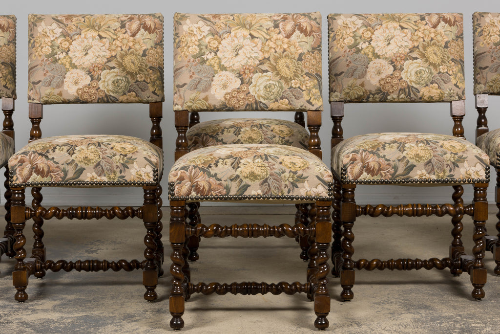 French Louis XIII Style Oak Barley Twist Dining Chairs W/ Floral Tapestry - Set of 8