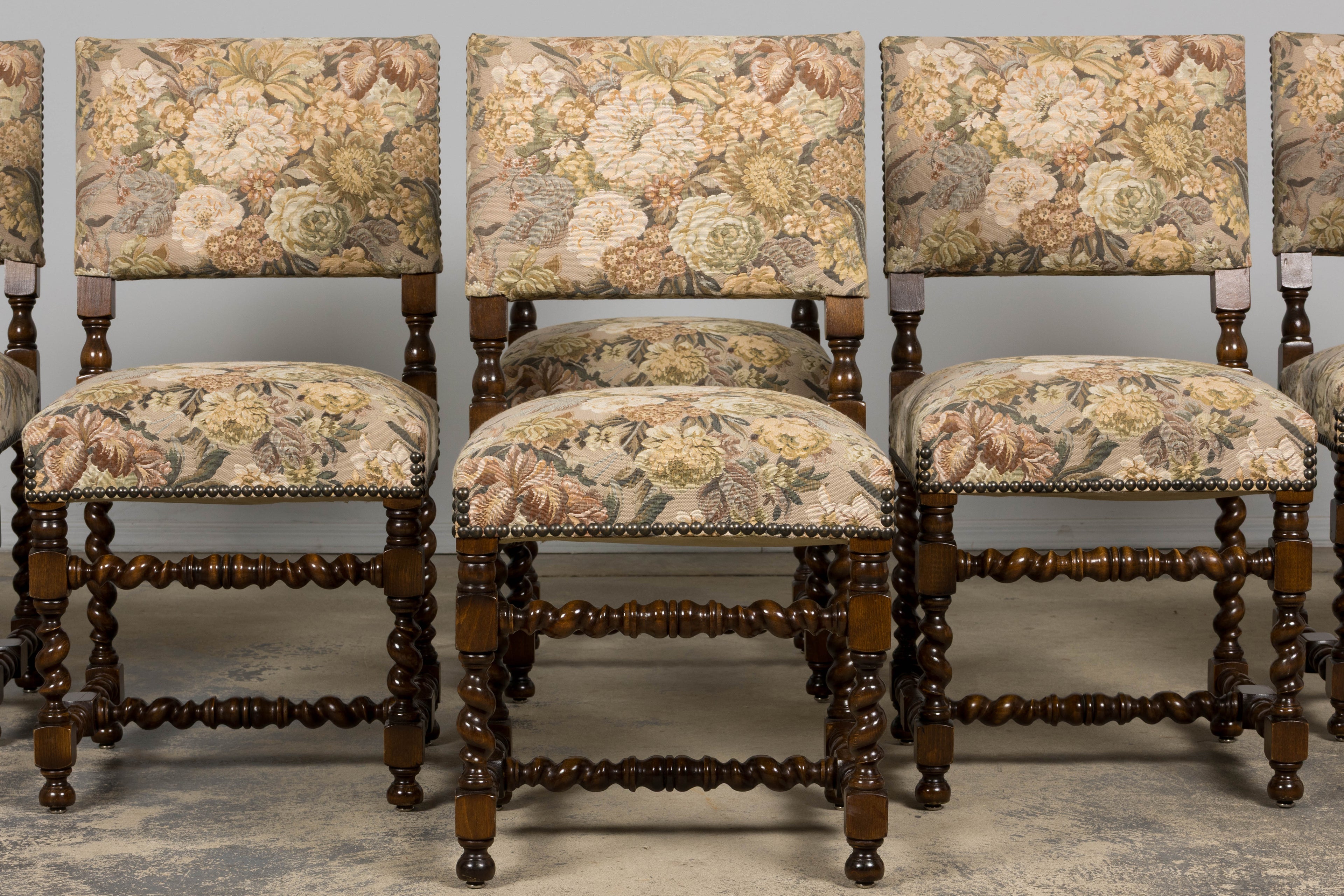 ON HOLD French Louis XIII Style Oak Barley Twist Dining Chairs W/ Floral Tapestry - Set of 8
