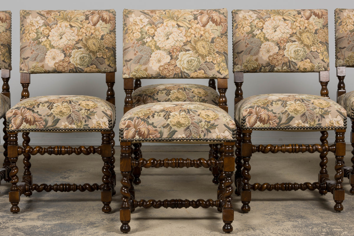 French Louis XIII Style Oak Barley Twist Dining Chairs W/ Floral Tapestry - Set of 8