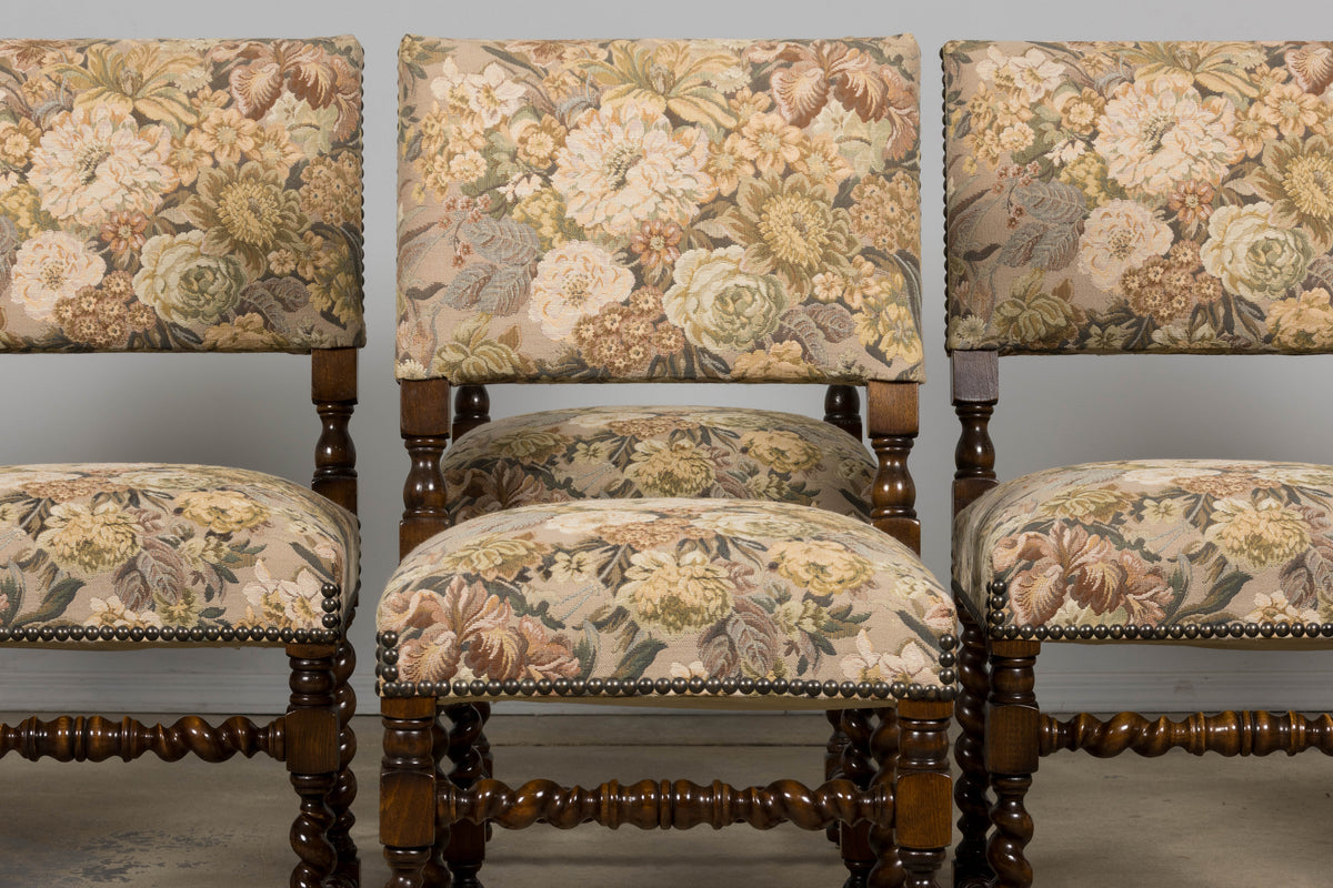 French Louis XIII Style Oak Barley Twist Dining Chairs W/ Floral Tapestry - Set of 8