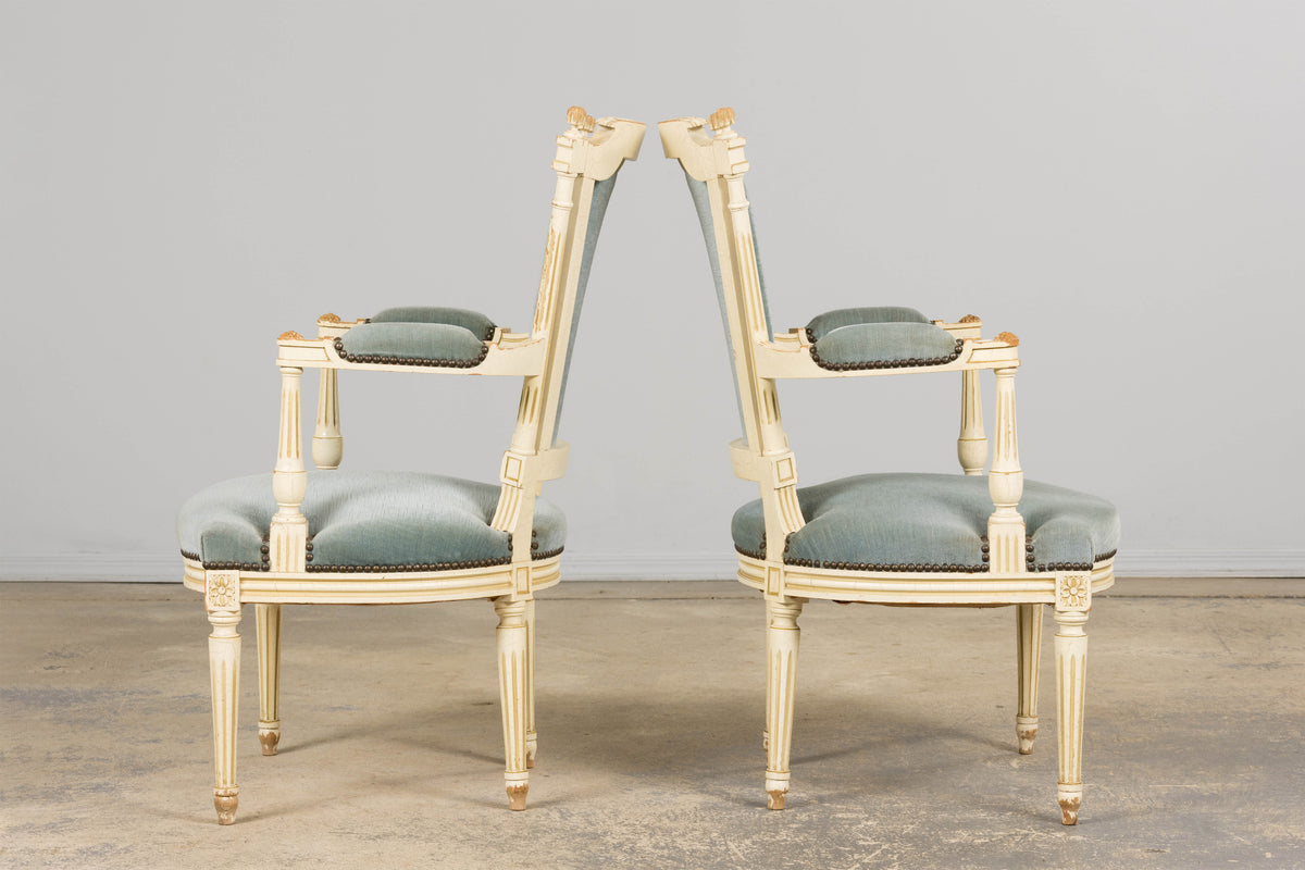 A Pair of Antique French Louis XVI Style Painted Armchairs In Blue Velvet