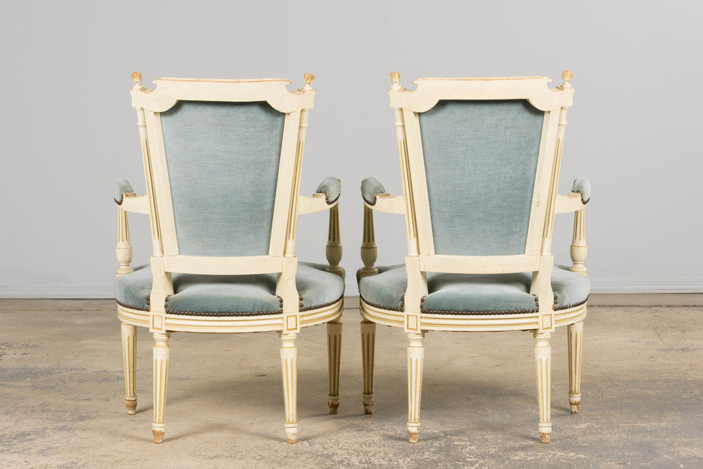 A Pair of Antique French Louis XVI Style Painted Armchairs In Blue Velvet
