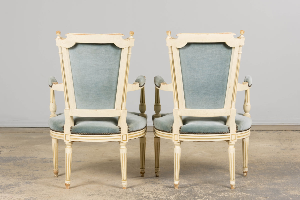 A Pair of Antique French Louis XVI Style Painted Armchairs In Blue Velvet