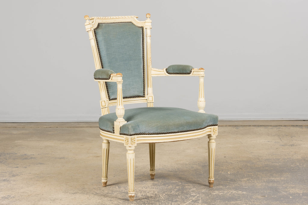 A Pair of Antique French Louis XVI Style Painted Armchairs In Blue Velvet