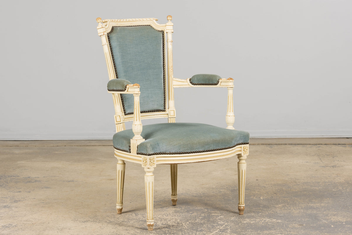 A Pair of Antique French Louis XVI Style Painted Armchairs In Blue Velvet
