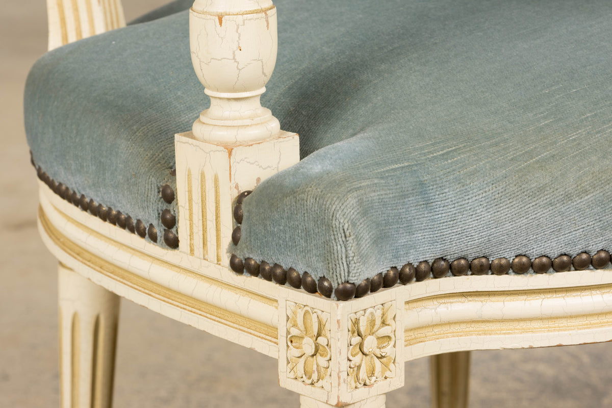 A Pair of Antique French Louis XVI Style Painted Armchairs In Blue Velvet