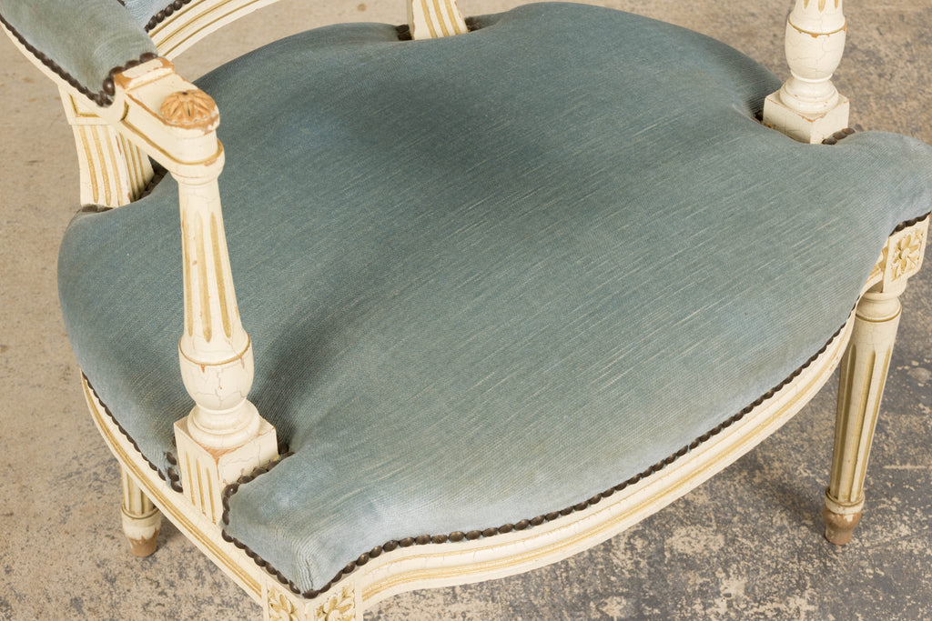 A Pair of Antique French Louis XVI Style Painted Armchairs In Blue Velvet