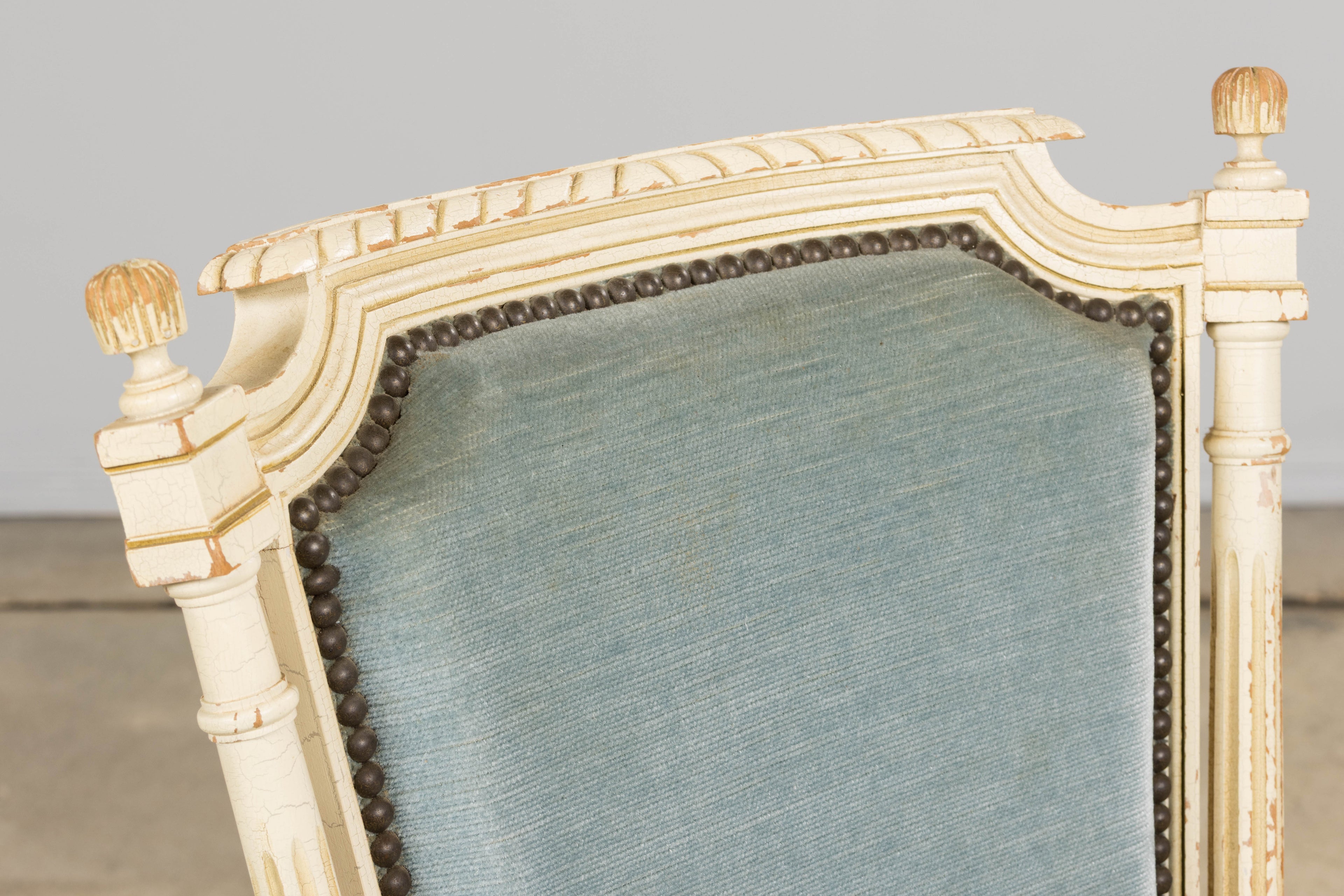 A Pair of Antique French Louis XVI Style Painted Armchairs In Blue Velvet