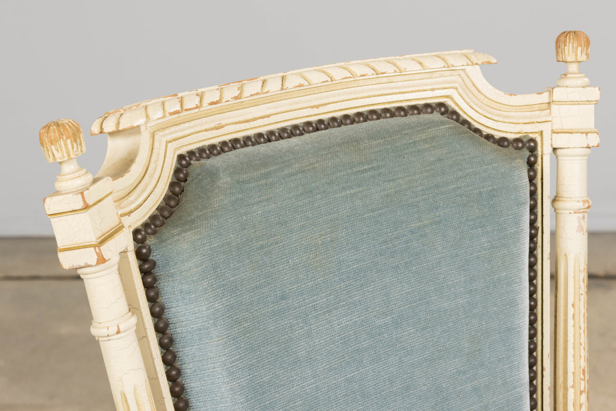 A Pair of Antique French Louis XVI Style Painted Armchairs In Blue Velvet