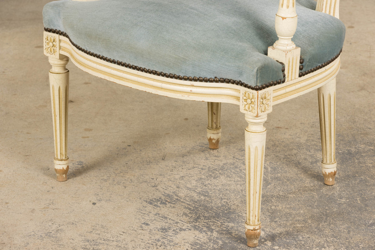 A Pair of Antique French Louis XVI Style Painted Armchairs In Blue Velvet