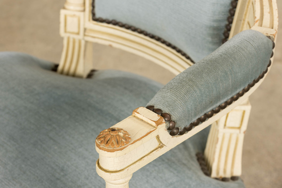A Pair of Antique French Louis XVI Style Painted Armchairs In Blue Velvet