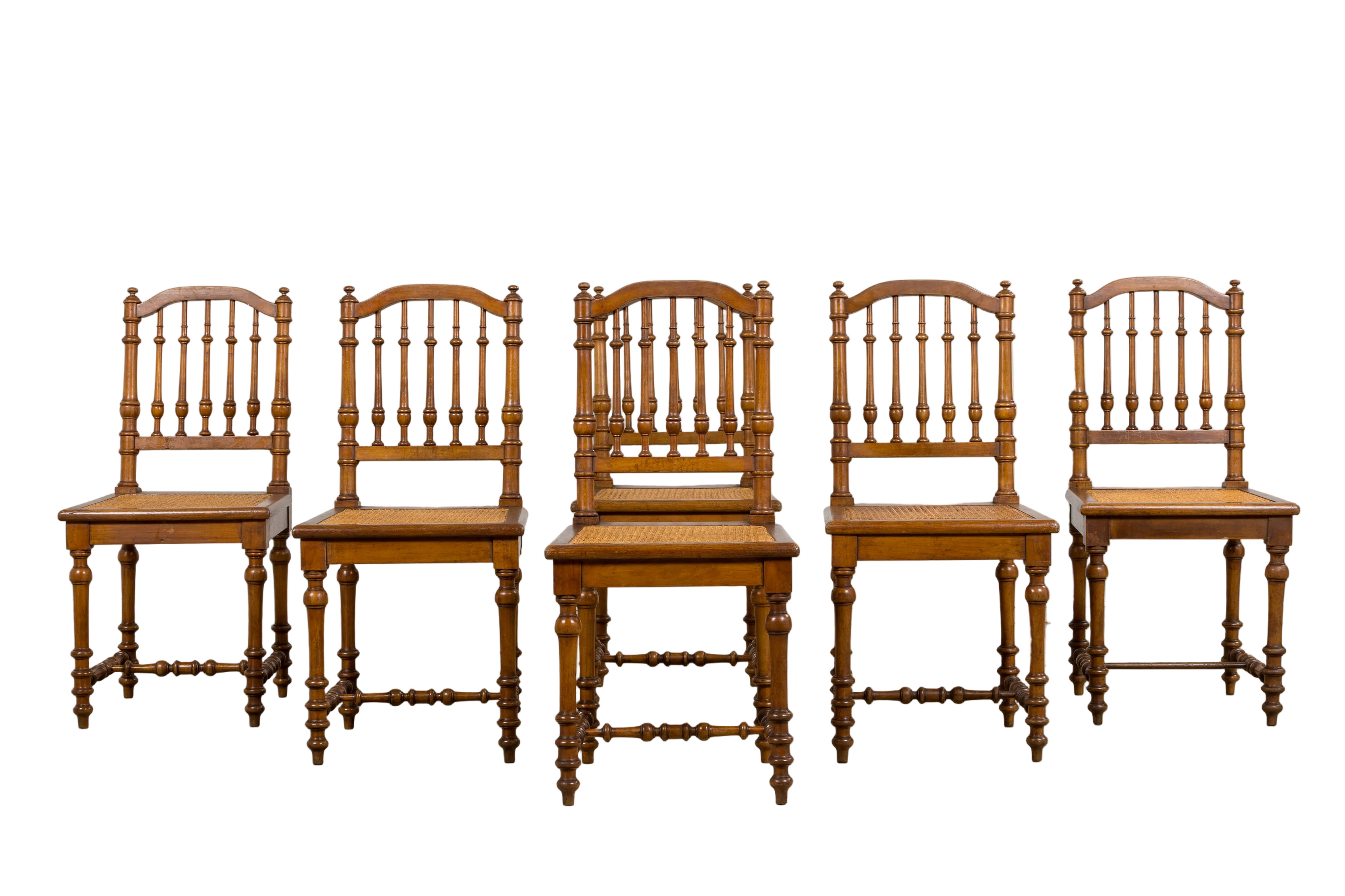 Late 19th Century French Louis XIII Style Dining Chairs W/ Cane Seats - Set of 6