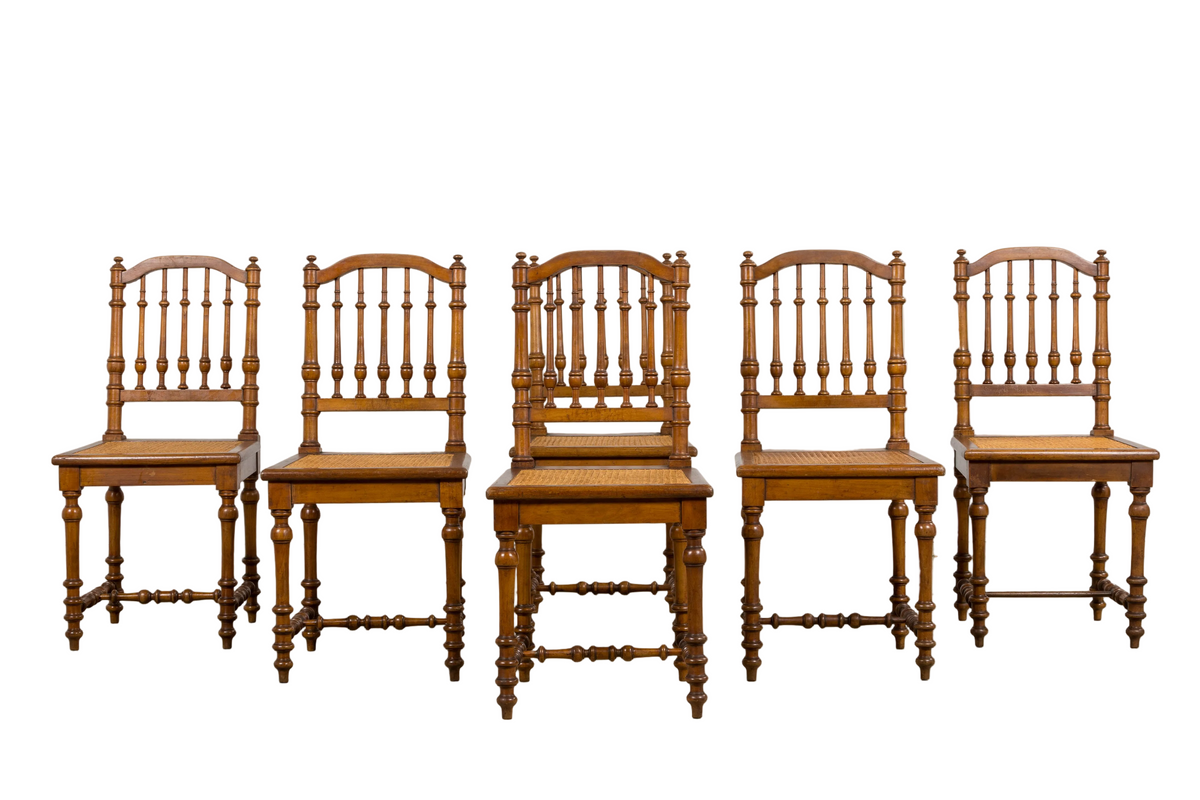 Late 19th Century French Louis XIII Style Dining Chairs W/ Cane Seats - Set of 6