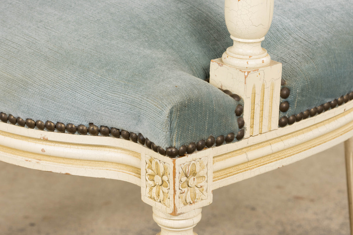 A Pair of Antique French Louis XVI Style Painted Armchairs In Blue Velvet