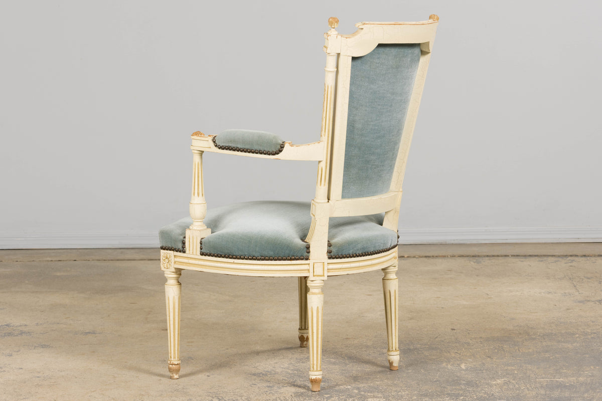 A Pair of Antique French Louis XVI Style Painted Armchairs In Blue Velvet