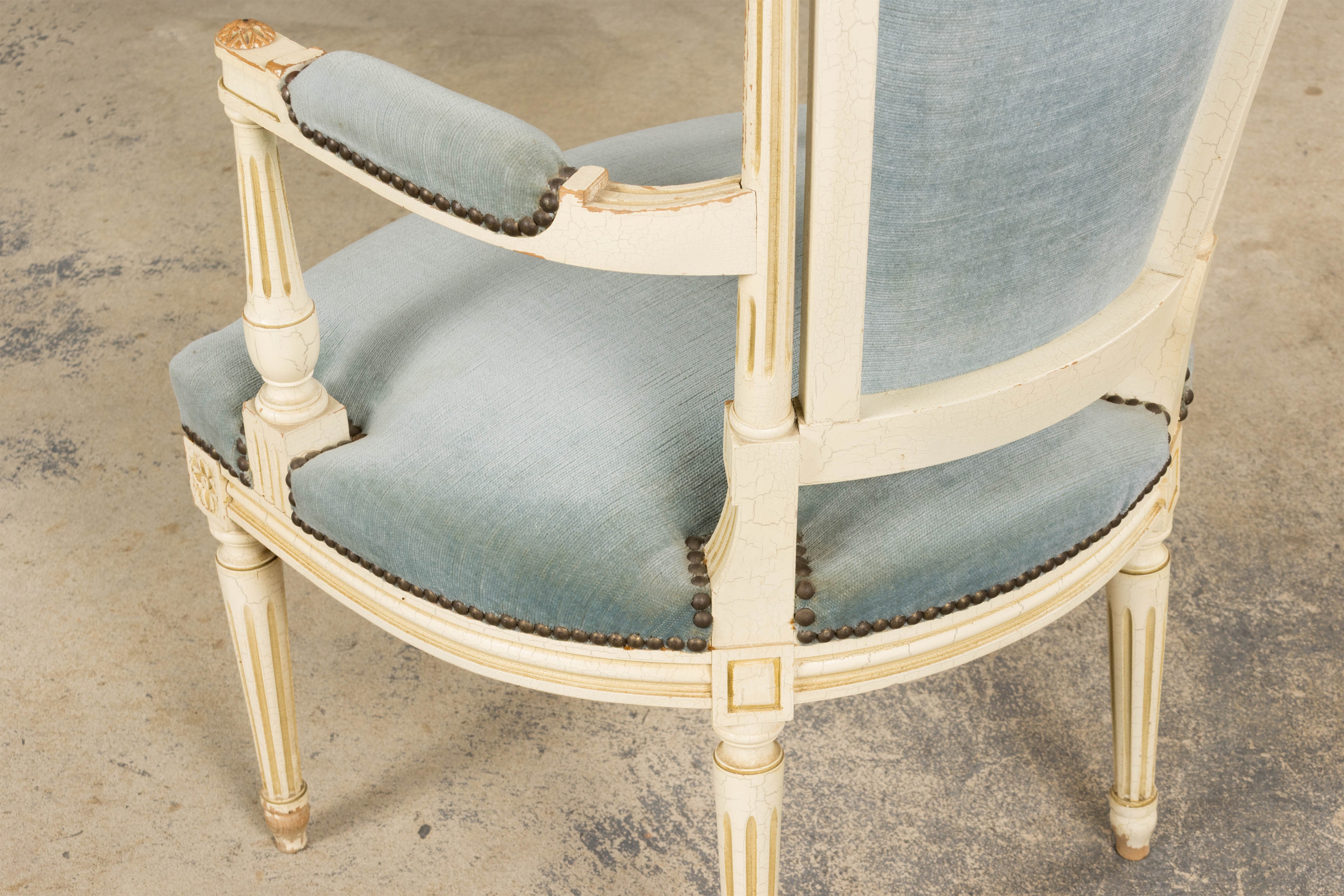 A Pair of Antique French Louis XVI Style Painted Armchairs In Blue Velvet
