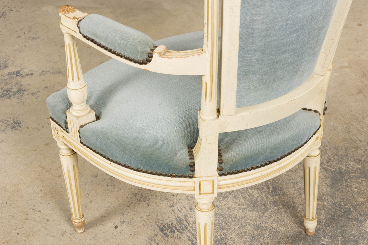 A Pair of Antique French Louis XVI Style Painted Armchairs In Blue Velvet