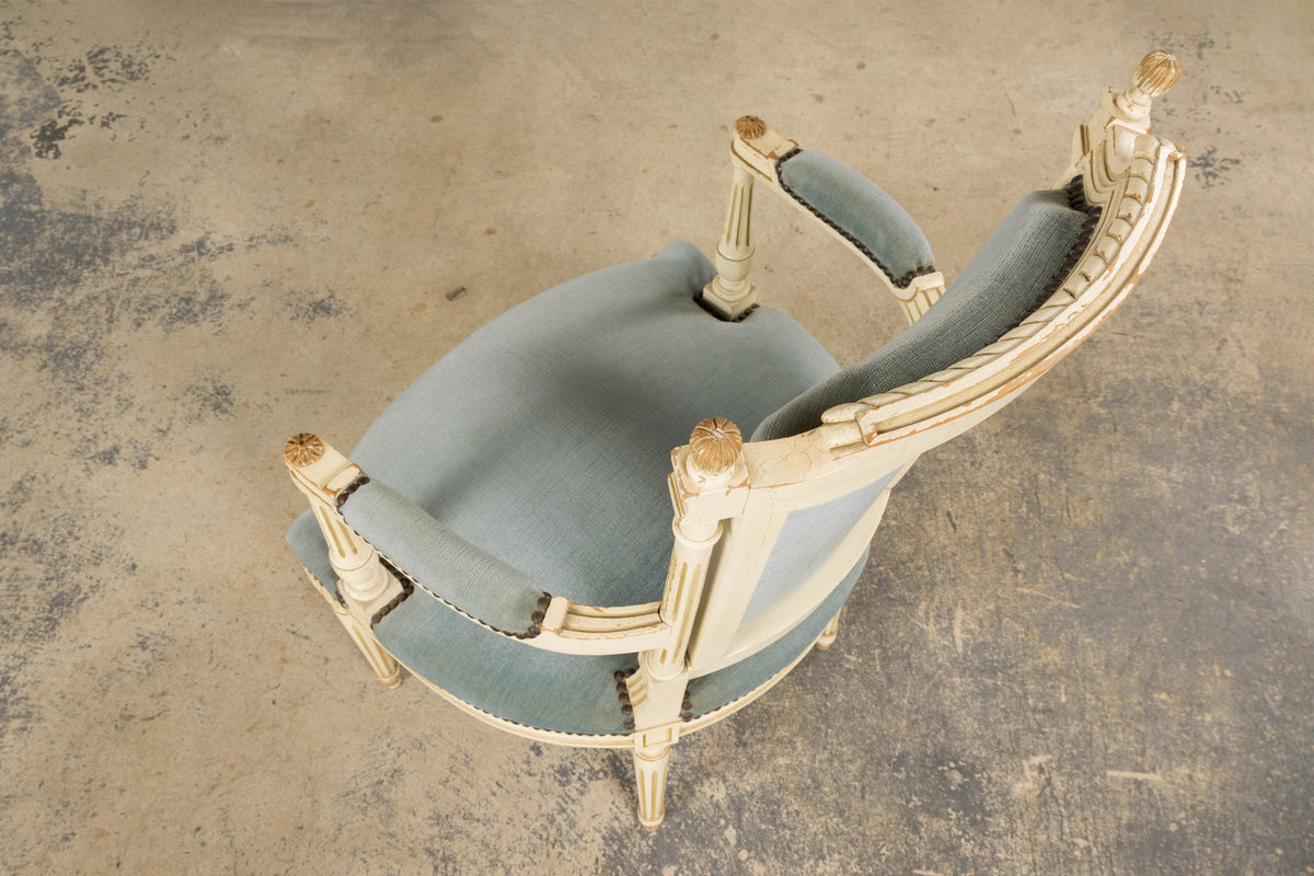 A Pair of Antique French Louis XVI Style Painted Armchairs In Blue Velvet