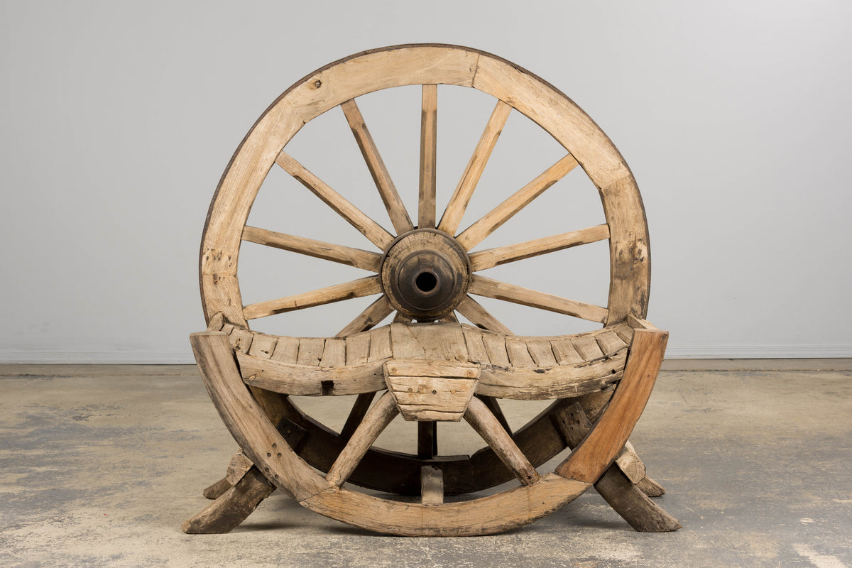 Early 19th Century Country French Farmhouse Oak Outdoor Wagon Wheel Bench