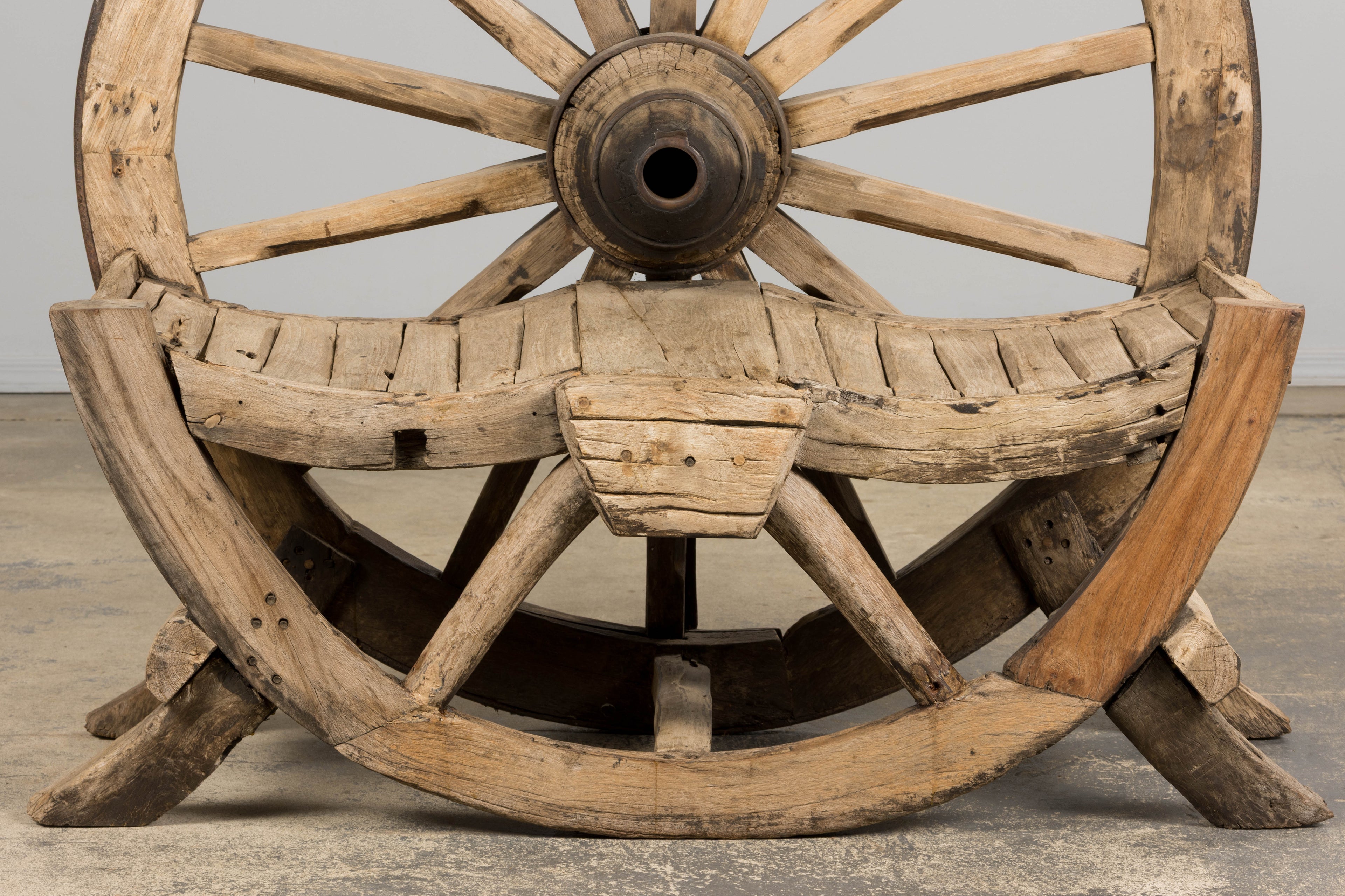 Early 19th Century Country French Farmhouse Oak Outdoor Wagon Wheel Bench