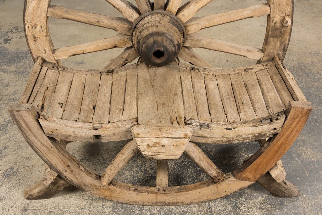 Early 19th Century Country French Farmhouse Oak Outdoor Wagon Wheel Bench