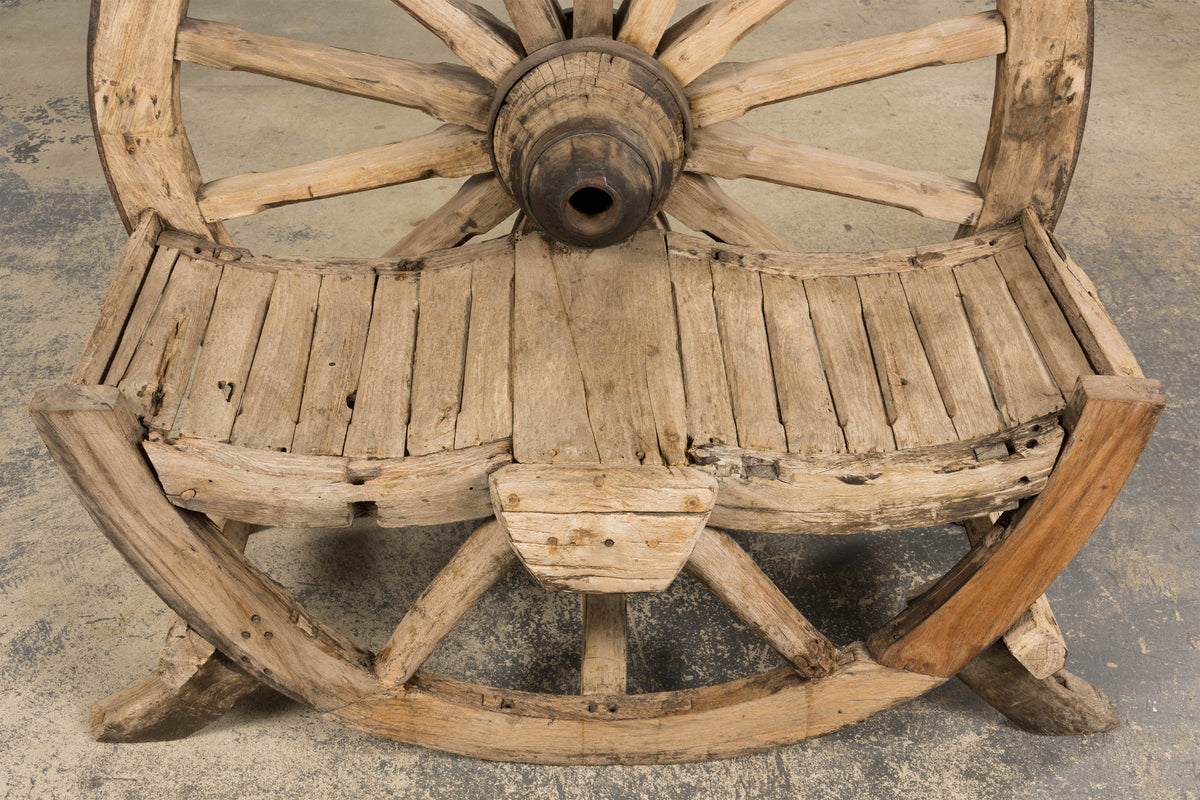 Early 19th Century Country French Farmhouse Oak Outdoor Wagon Wheel Bench