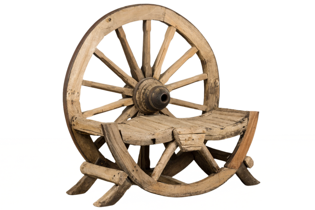 Early 19th Century Country French Farmhouse Oak Outdoor Wagon Wheel Bench