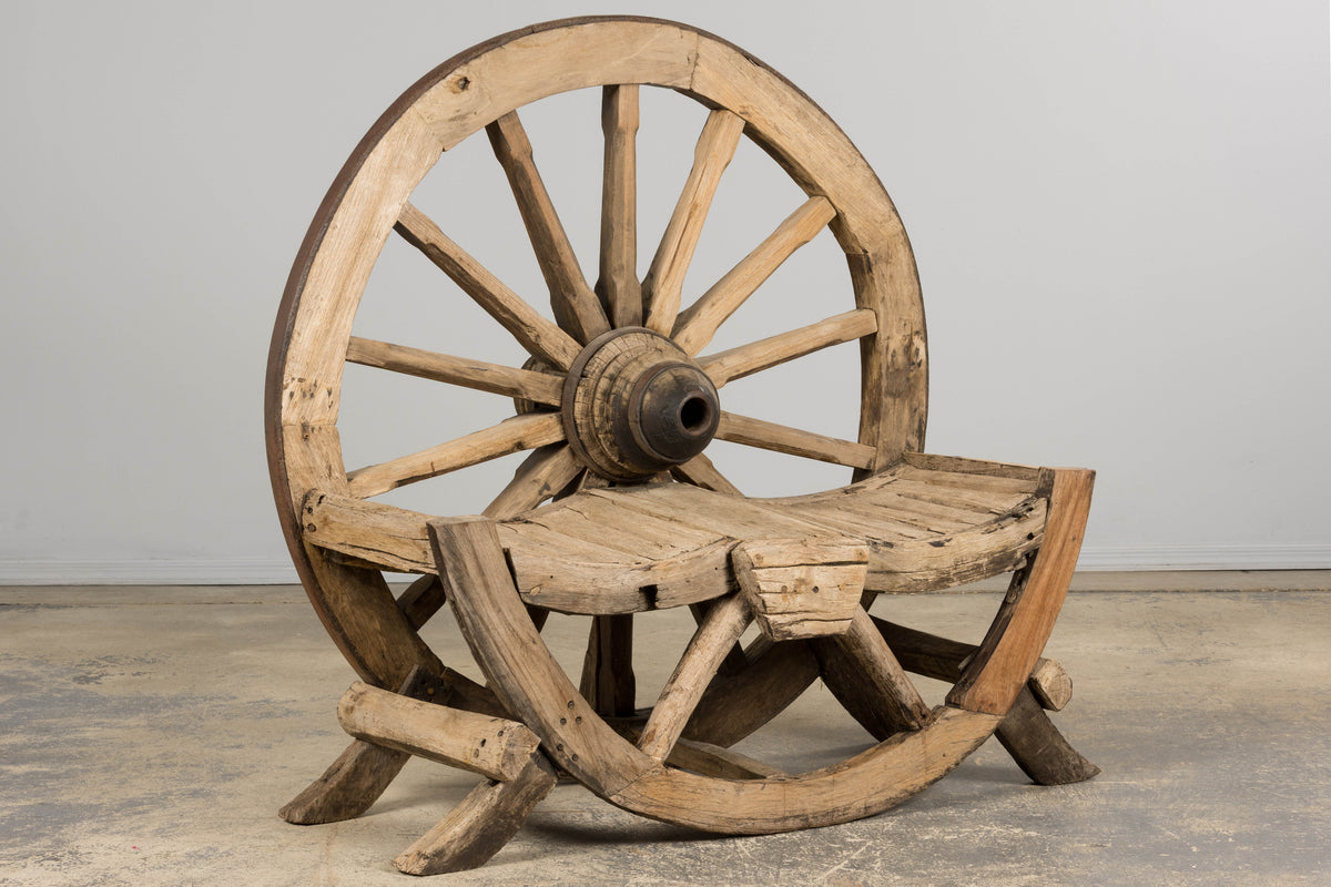 Early 19th Century Country French Farmhouse Oak Outdoor Wagon Wheel Bench