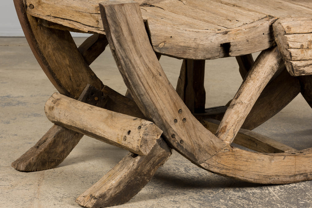 Early 19th Century Country French Farmhouse Oak Outdoor Wagon Wheel Bench