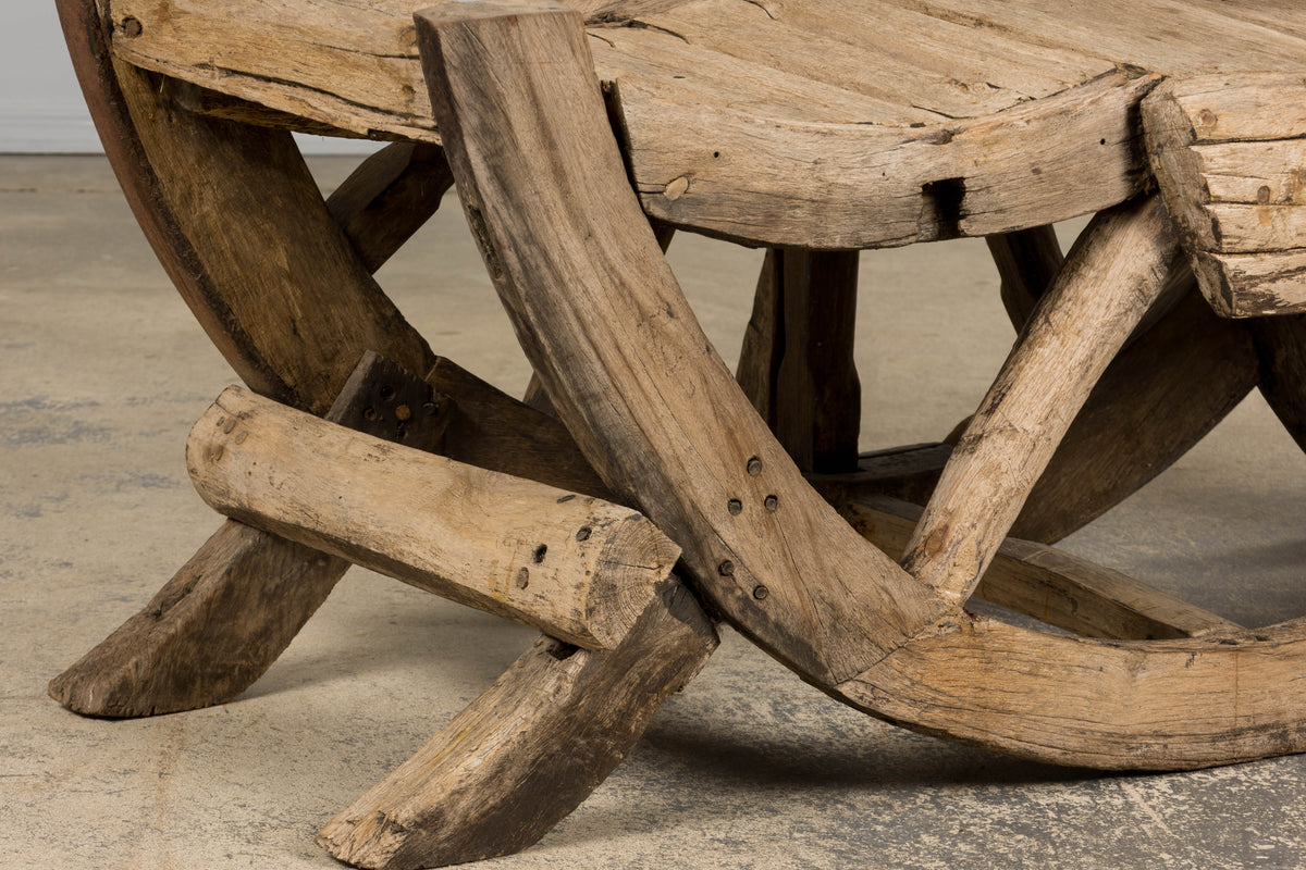Early 19th Century Country French Farmhouse Oak Outdoor Wagon Wheel Bench