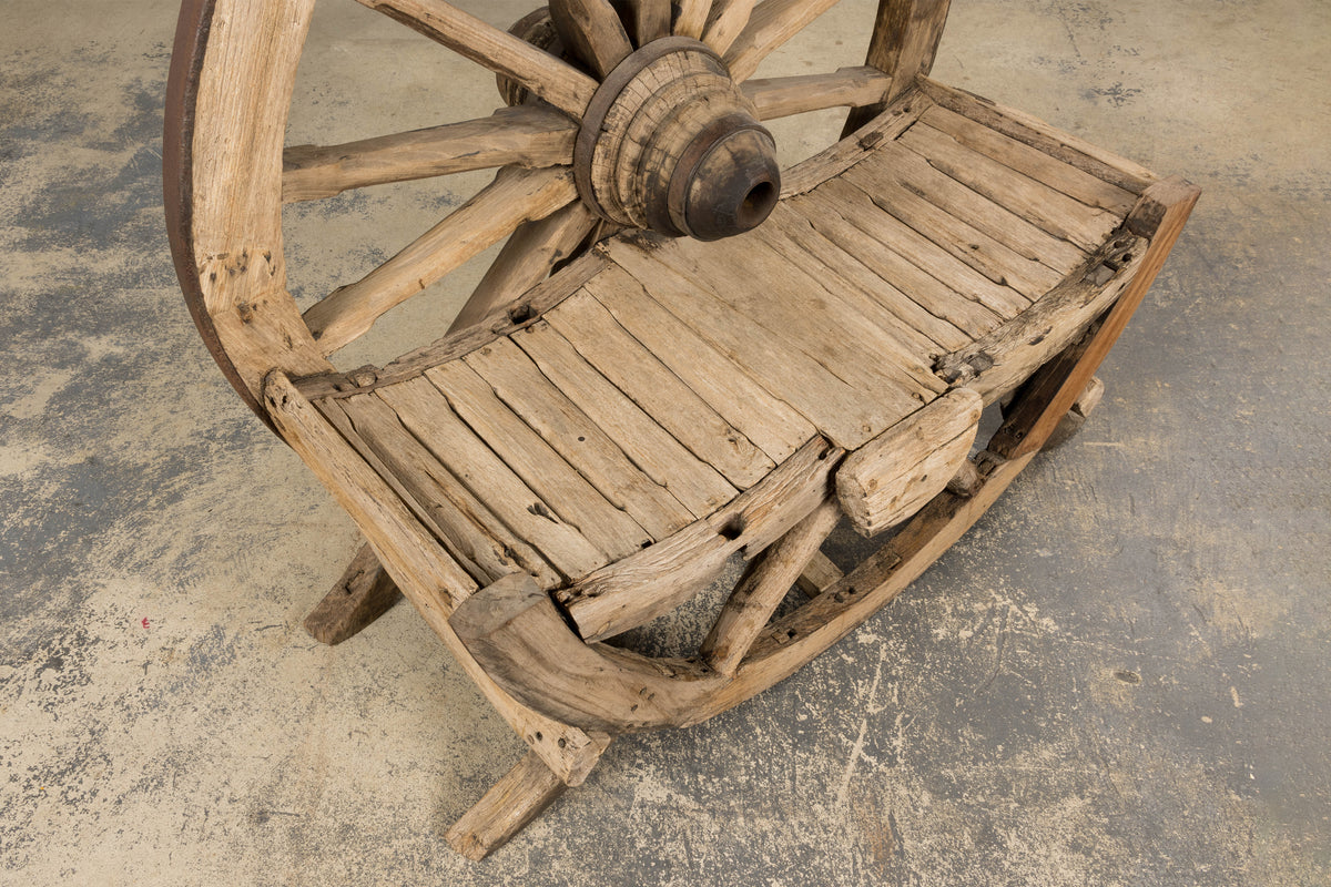 Early 19th Century Country French Farmhouse Oak Outdoor Wagon Wheel Bench