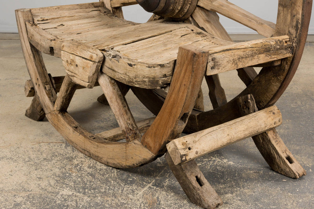 Early 19th Century Country French Farmhouse Oak Outdoor Wagon Wheel Bench