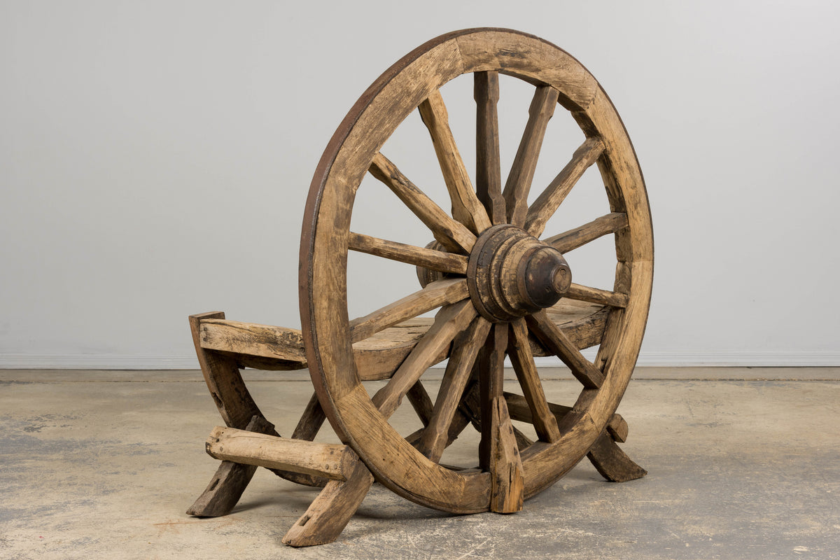 Early 19th Century Country French Farmhouse Oak Outdoor Wagon Wheel Bench